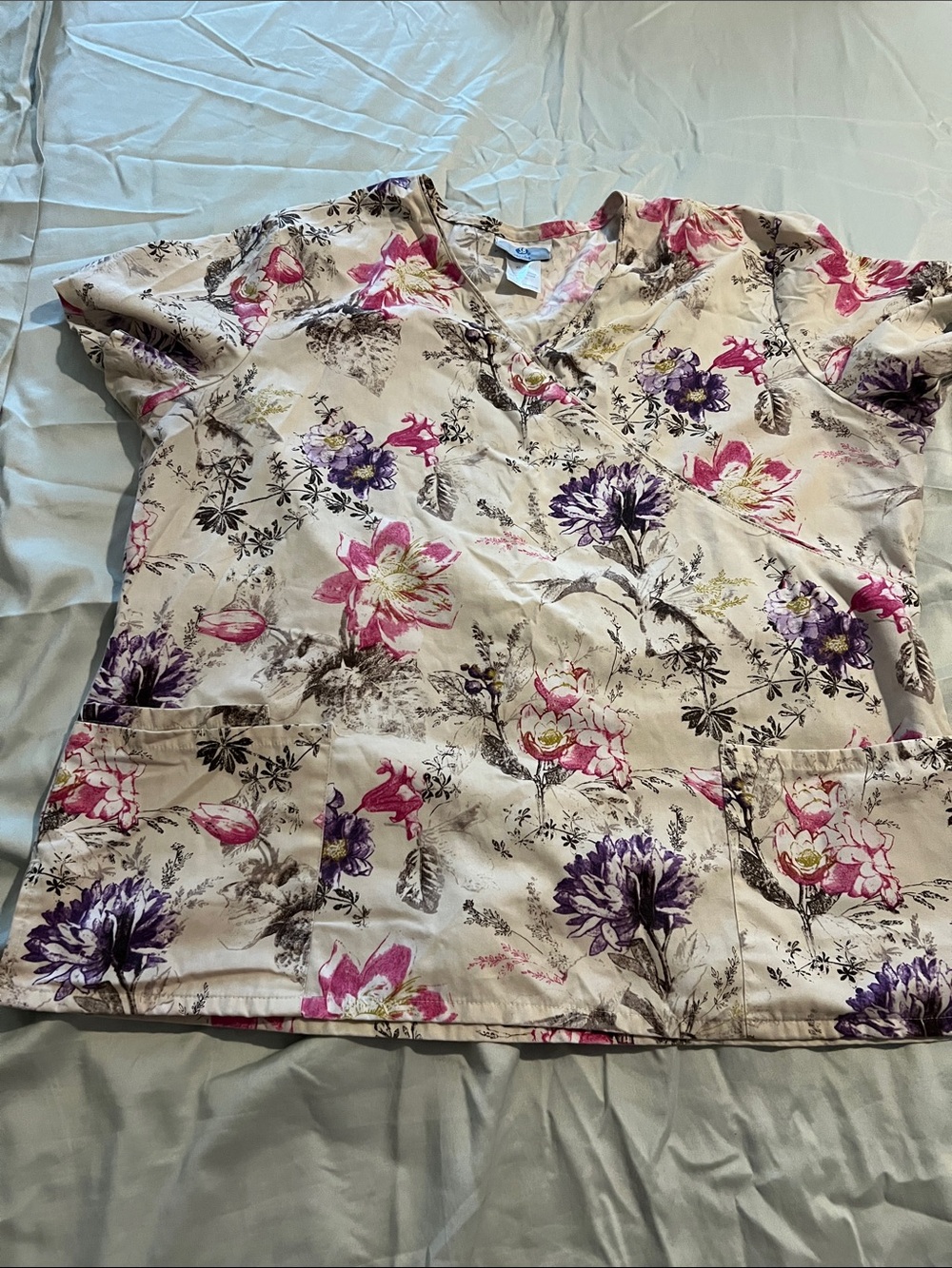 Floral Print Scrub Top with Pink & Purple Blooms